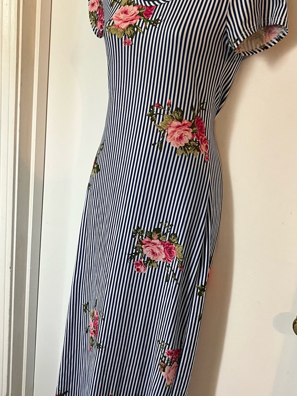 Discreet Navy and White Striped Maxi Dress with Pink Rose Print